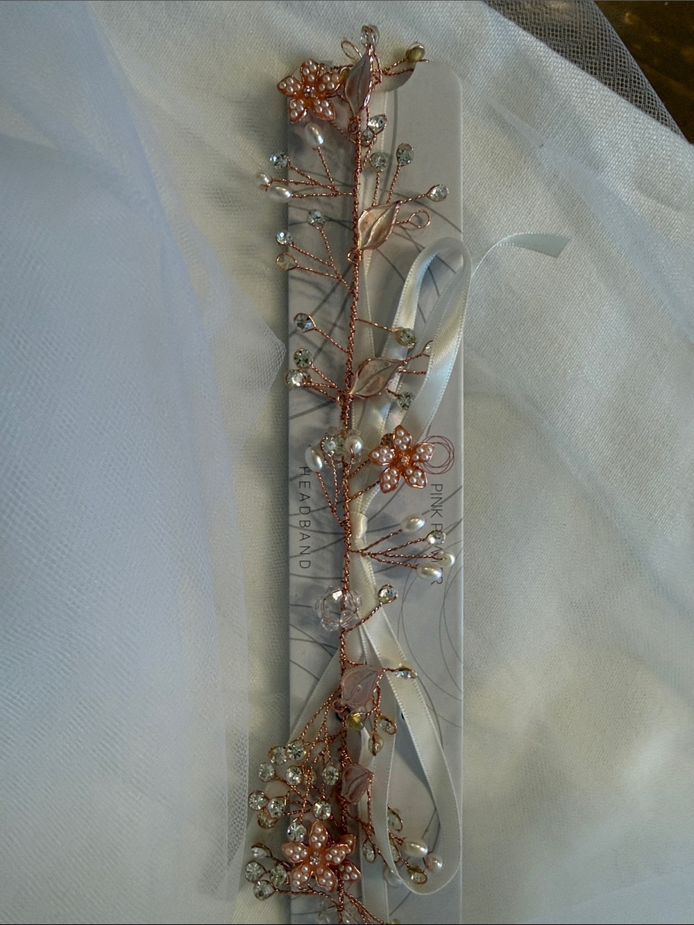 Bridal Rose Gold Floral Wire Headband with Pearls by Pink Pewter